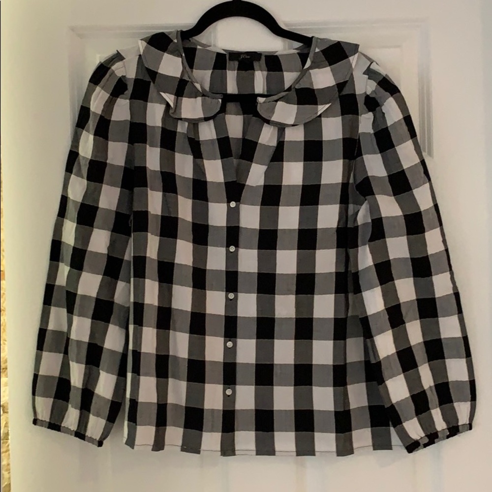 Jcrew black white plaid blouse with ruffled collar